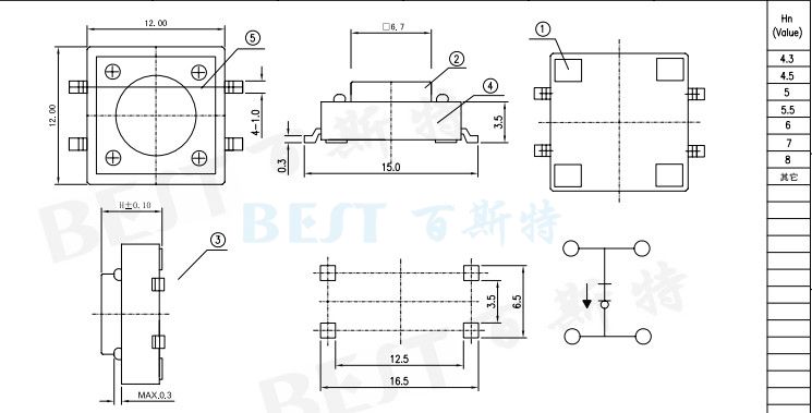 輕觸開關(guān)TS-1103W封裝規(guī)格圖紙