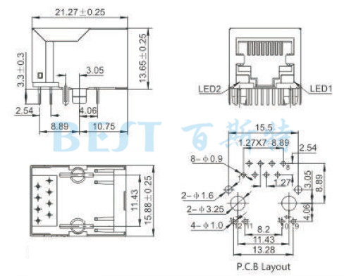 RJ45插座5621S 10P8C 1x1 F3.05參考圖紙